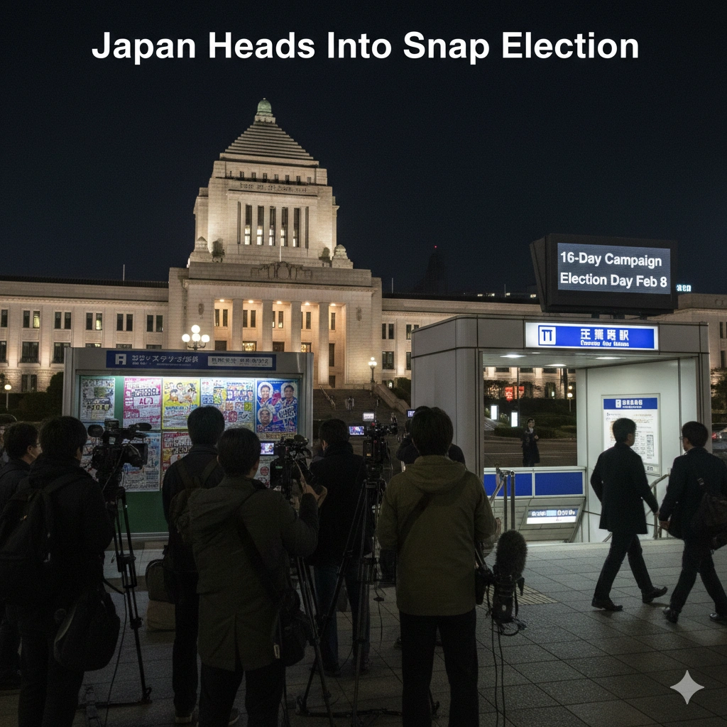 Japan PM Sanae Takaichi dissolves lower house, sets 16-day Japan snap election for Feb 8, aiming to capitalize on approval ratings amid economic challenges.