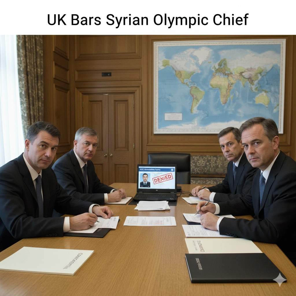 Syrian Olympic chief banned from London 2012 Games due to regime links. UK blocks General Joumaa while Syrian athletes compete, highlighting politics in sports.
