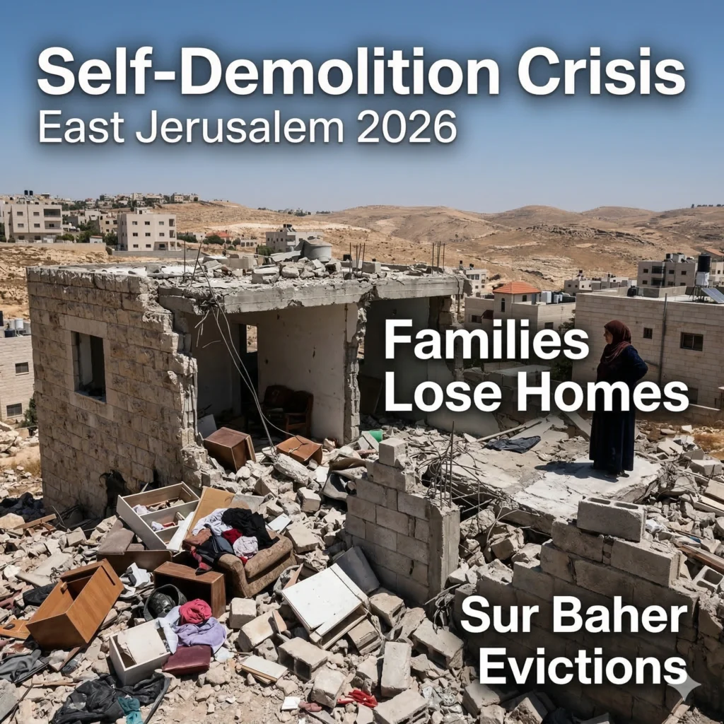 East Jerusalem demolitions force Palestinian families to destroy their own homes in 2026 to avoid massive fines. Read about the Sur Baher housing crisis.