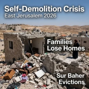 East Jerusalem demolitions force Palestinian families to destroy their own homes in 2026 to avoid massive fines. Read about the Sur Baher housing crisis.