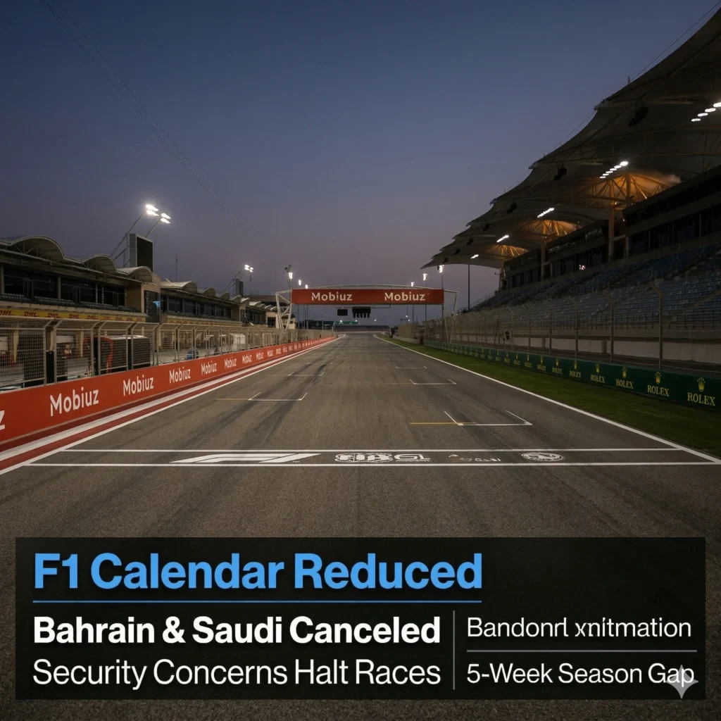 Formula 1 Cancels Bahrain and Saudi Arabian races due to the Middle East conflict. The 2026 season is reduced to 22 races after high-risk safety evaluations.