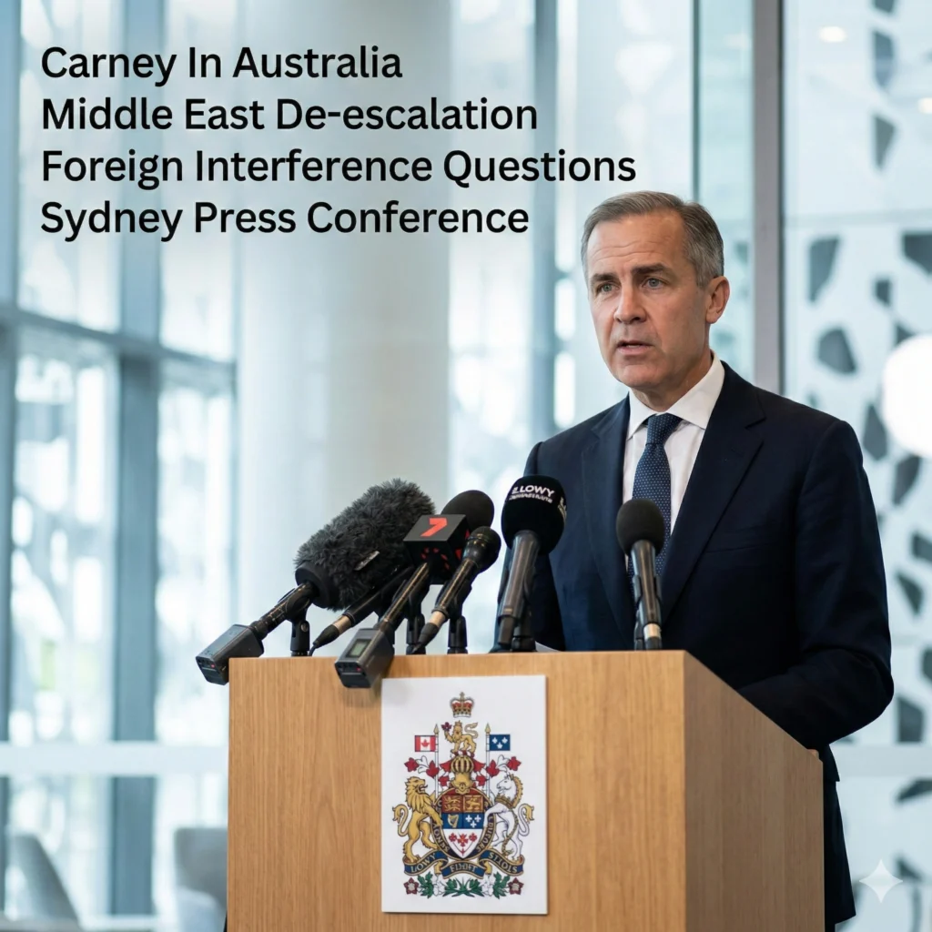 Mark Carney pushes a global de-escalation strategy in Sydney to resolve Middle East conflicts and strengthen Pacific ties during his 2026 official visit.
