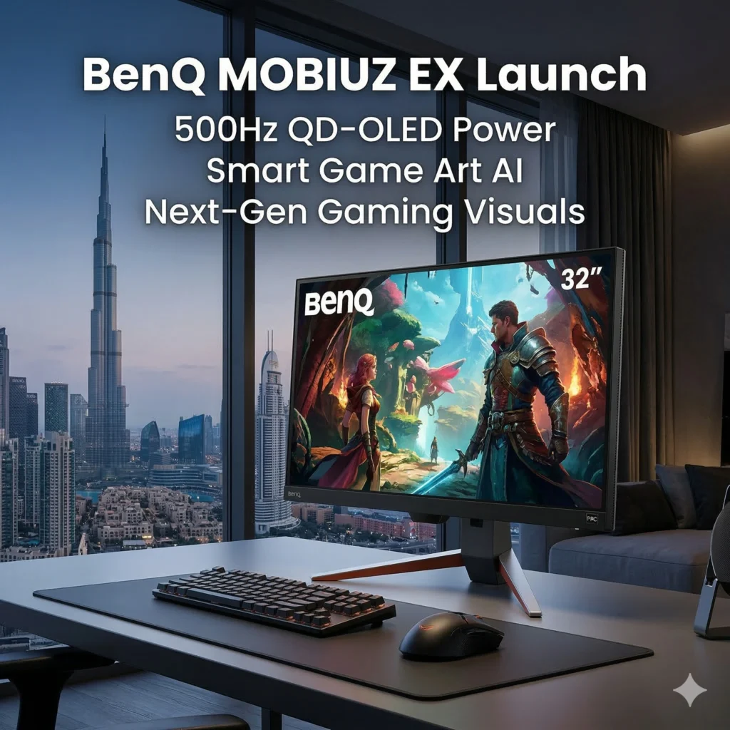 BenQ MOBIUZ EX Series in UAE featuring AI color technology, 500Hz refresh rates, and QD-OLED panels for high-end gaming immersion in 2026.