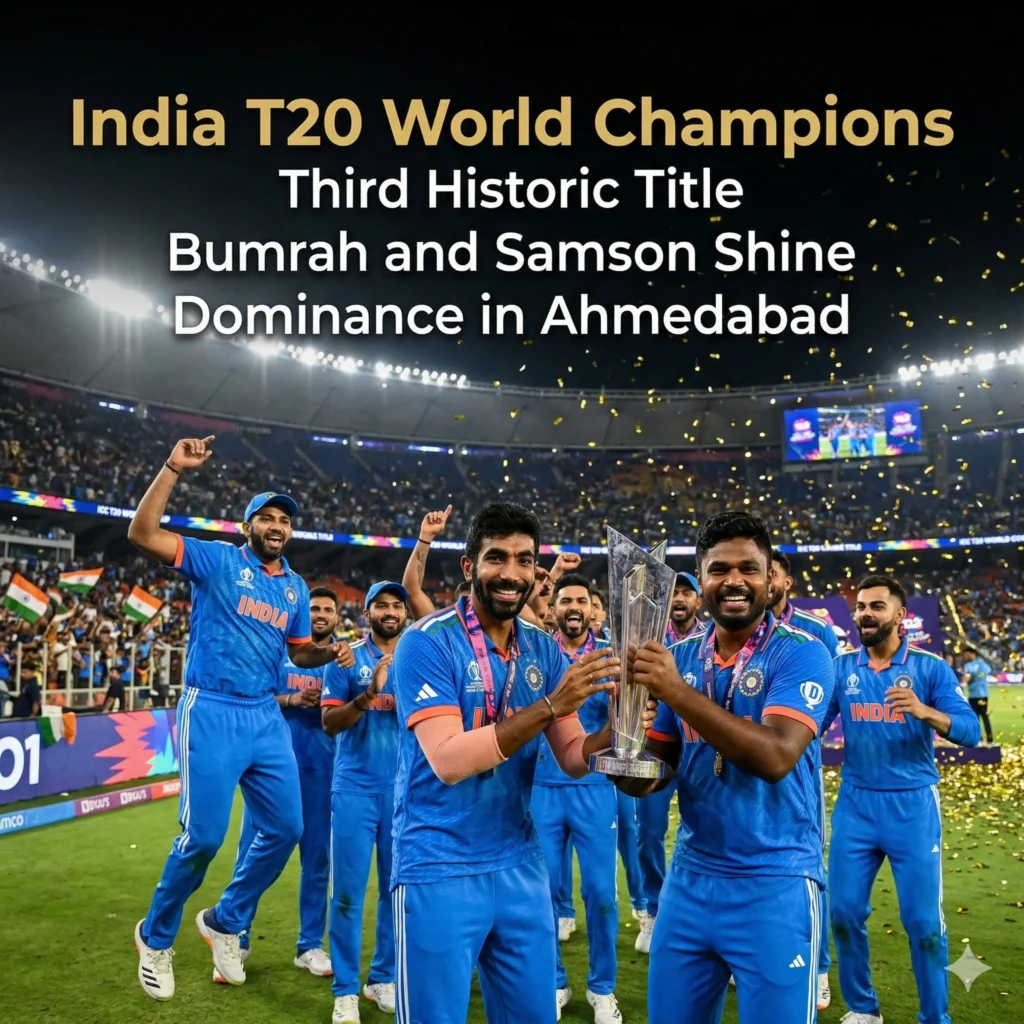 Celebrate the India T20 World Cup victory as India defeats New Zealand by 96 runs. Read about Sanju Samson and Jasprit Bumrah's record-breaking performance now.