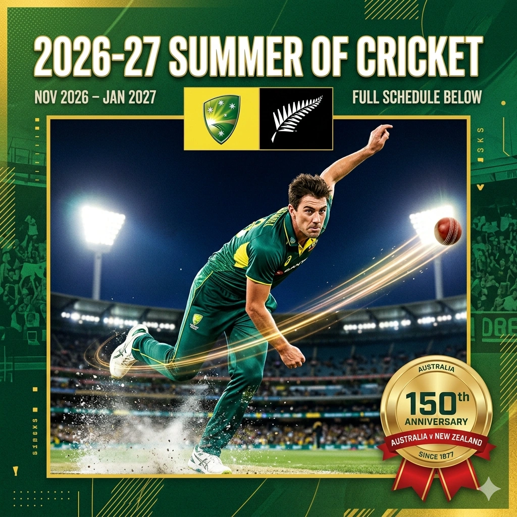 The 2026-27 Cricket Australia Schedule features a 4-Test blitz against New Zealand and the 150th Anniversary Test. View the record international summer dates.