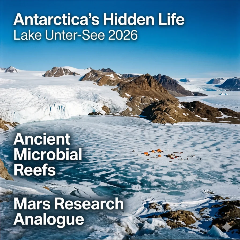 Explore the Antarctica microbial ecosystem at Lake Unter-See. NASA imagery reveals ancient microbial reefs that serve as a primary model for life on Mars.