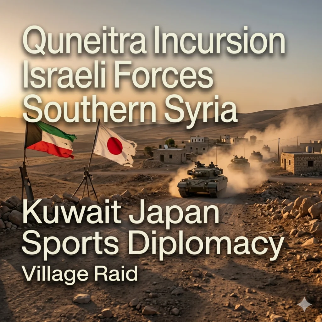 Israeli military convoy storms Quneitra as 6 vehicles enter Al-Asbah village for home raids, marking a rise in southern Syrian border violations in 2026.