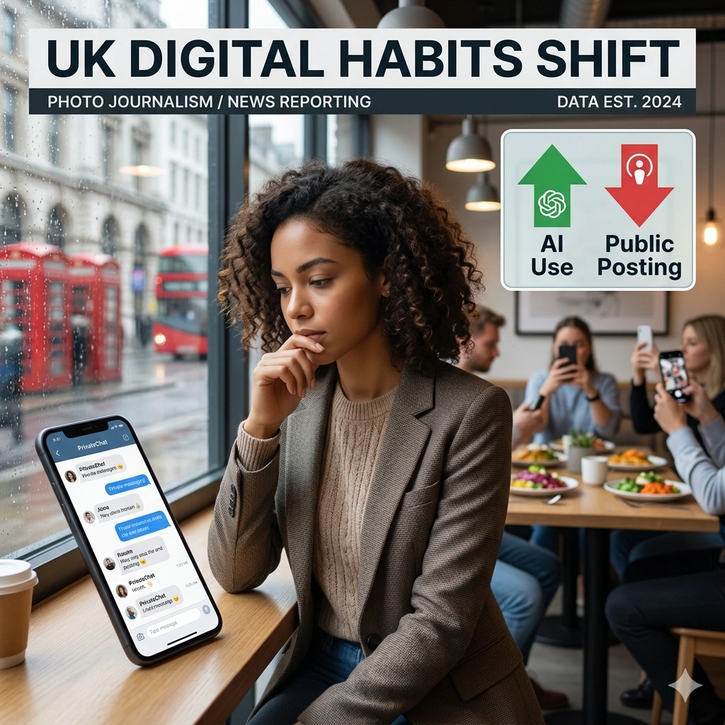 UK Social Media Trends show AI usage doubling to 54% as public posting drops to 49%. Explore the shift to passive digital participation and privacy in 2026.