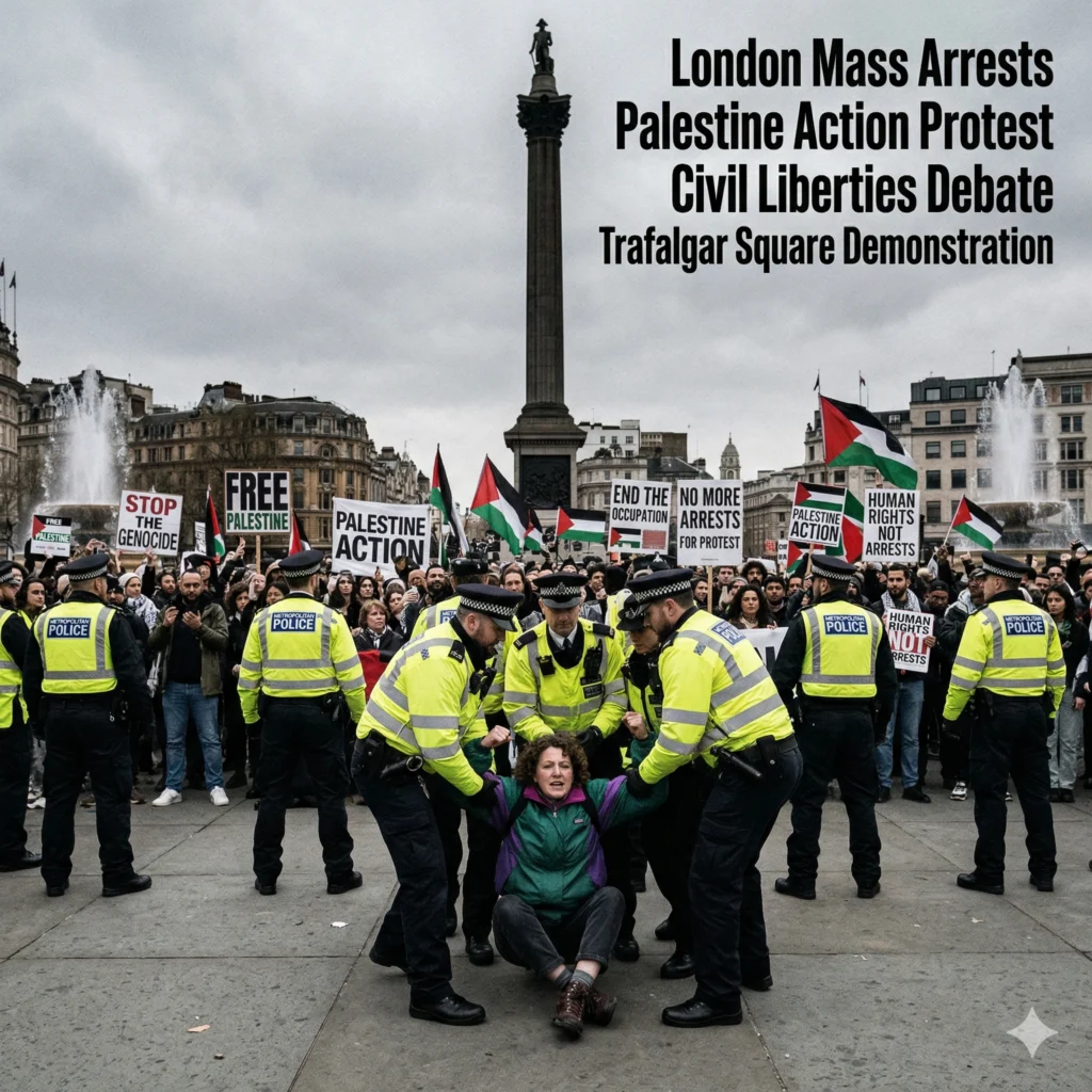 London Protest Civil Liberties under fire! 523 arrested at Trafalgar Square for supporting a banned group. Read the full 2026 report on the UK protest crackdown.