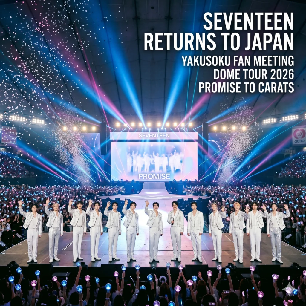 Seventeen Japan Fan Events return this May for 4 record shows at Tokyo and Kyocera Domes. Join the group for the Yakusoku promise and celebrate K-pop in 2026.