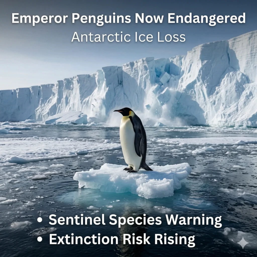 Emperor Penguin Extinction Risk reaches critical levels as IUCN lists the species as Endangered. Discover why 2026 sea ice loss is a global emergency.